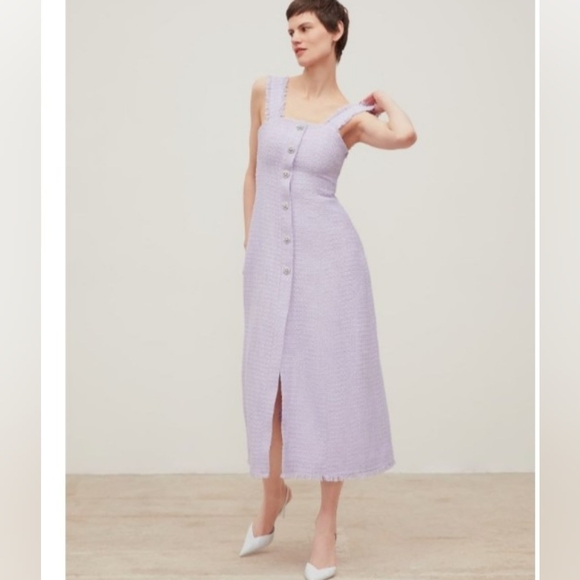 New-Zara long button up lilac Cotton Tweed Weave Large Crystal Buttons Dress - Picture 10 of 12